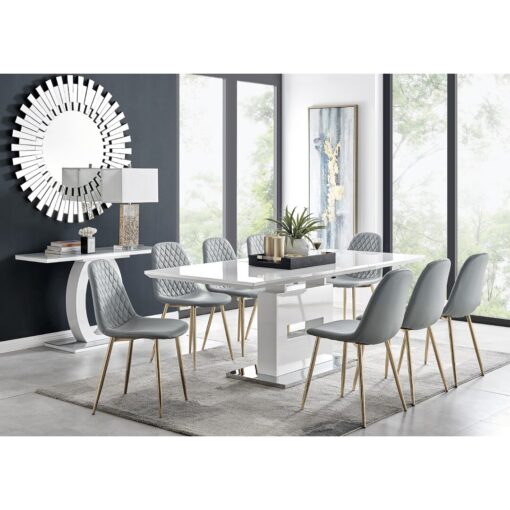 Alezzo Modern High Gloss Extendable Dining Table Set with 8 Luxury Faux Leather Dining Chairs