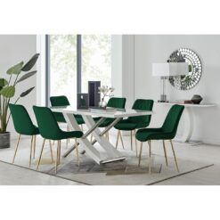 Alicia Modern Glass & Wood Finish Dining Table Set with 6 Luxury Velvet Dining Chairs