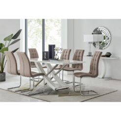 Alicia Modern Glass & Wood Finish Dining Table Set with 6 Modern Faux Leather Dining Chairs