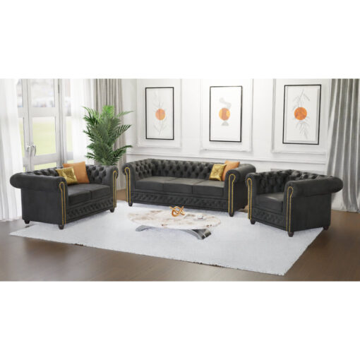 Chesterfield Friedrich Sofa Set with Sleeping Function 3+2+1 Made of Vintage Look Microfibre with Solid Wood Legs