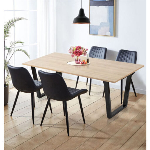 Dudley Dining Table and Chairs Set 4, Large Dining Table with u Shaped Black Metal Legs (180cm) and Black Bonded Leather Chairs, Dining Table Set for