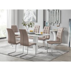 Edzard Double Pedestal High Gloss Dining Table Set with 6 Modern Faux Leather Dining Chairs