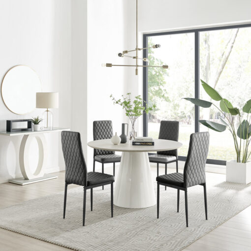 Edzard Statement Round Dining Table Set in Luxury Beige Stone Effect & 4 Faux Leather Dining Chairs