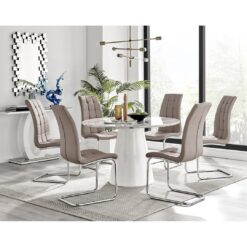 Edzard Statement Round Dining Table Set in Luxury Marble Effect & 6 Faux Leather Dining Chairs