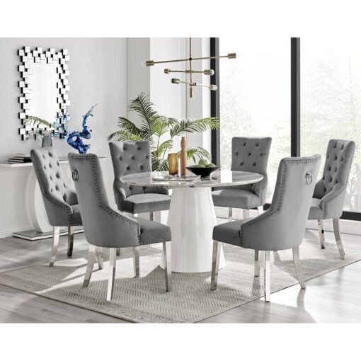 Edzard Statement Round Dining Table Set in Luxury Marble Effect & 6 Velvet Dining Chairs