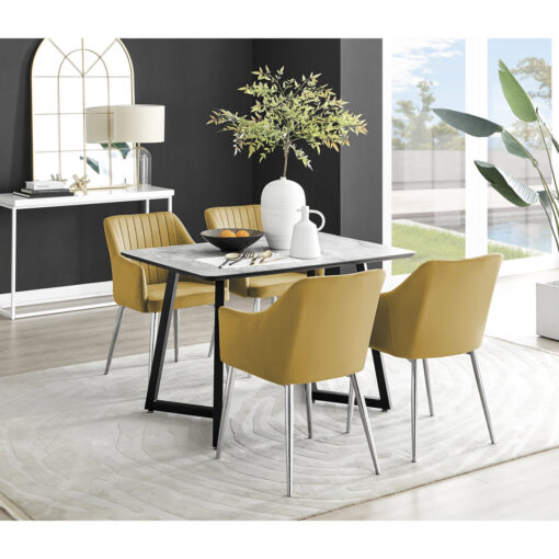 Industrial Design White & Grey Marble Effect Melamine Dining Table Set with 4 Velvet Dining Chairs