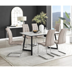 Industrial Design White & Grey Marble Effect Melamine Dining Table Set with 6 Faux Leather Chairs