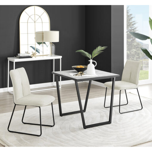 Industrial Design White & Grey Marble Effect Melamine Dining Table and 2 Fabric Dining Chairs