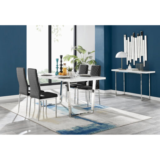 Kylooe Modern High Gloss Dining Table Set With 6 Quilted Faux Leather Dining Chairs