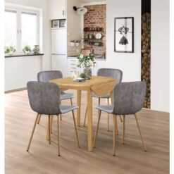 Ledbury Small Dining Table and 4 Chairs, Round Drop Leaf Table and Grey Leather Effect Chairs, Wooden Folding Table and Chairs in Light Oak, Dining