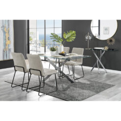 Lenworth Chrome and Glass Rectangular Dining Table Set with 4 Fabric Dining Chairs