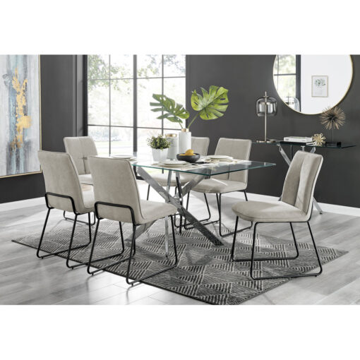 Lenworth Modern Chrome Metal and Glass Dining Table Set Fabric Dining Chairs