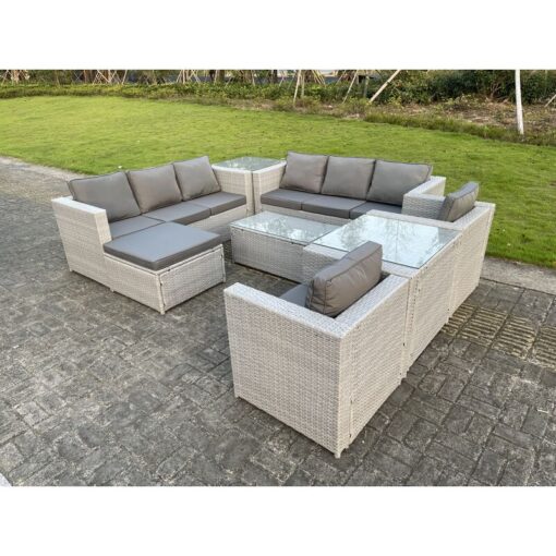 Light Grey Outdoor pe Rattan Garden Furniture Set Wicker Sofa Set Rectanguar Coffee Table 2 Armchair 2 Side Table 9 Seat - Fimous