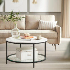 Metal Frame 2 Tier Marble Coffee Table with Storage, Living Room Furniture