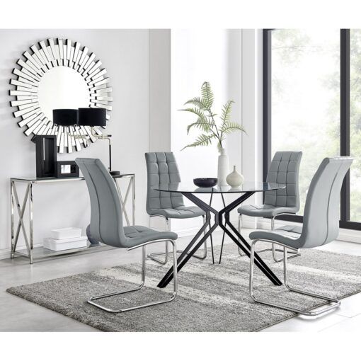 Modern Casino Glass and Metal Hairpin Leg Dining Table Set With 4 Modern Faux Leather Dining Chairs