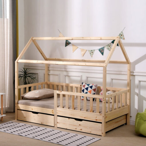 Natural Kids Bed Single Bed Frame with 2 Storage Drawers,Pine Wood Children Bed with Grardrail - Furniture Hmd