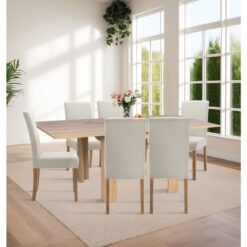 Newquay Oak Dining Table and Chairs Set of 6, Flip Top Extending Table & Upholstered Fabric Beige Chairs, Folding Table & Kitchen Chairs, Dining Room