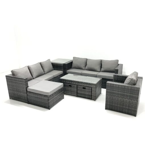 Outdoor Garden Furniture Set 10 Seater Rattan Sofa Set with Coffee Table 3 Big Footstools Armchair Side Table Dark Grey Mixed - Fimous