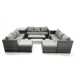 Outdoor Garden Furniture Set 7 Pieces Rattan Sofa Set with Coffee Table 2 Big Footstools Side Table Dark Grey Mixed - Fimous