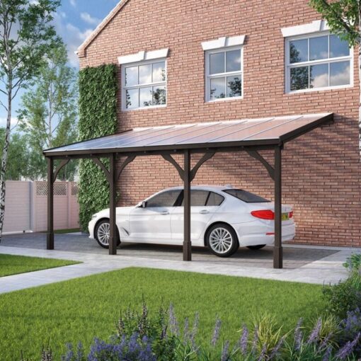 Polycarbonate Roof Car Port 4 Post - Wood - L350 x W722 cm - Rustic Brown