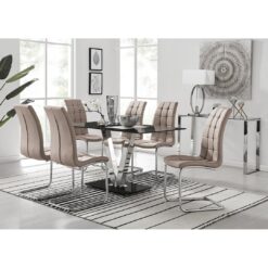 Ransart Modern Luxury Glass & Metal Dining Table Set With 6 Modern Faux Leather Dining Chairs