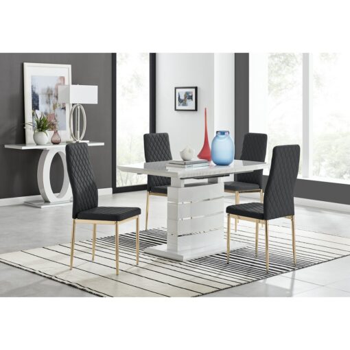 Renne Modern High Gloss Extendable Dining Table Set With 4 Quilted Faux Leather Dining Chairs