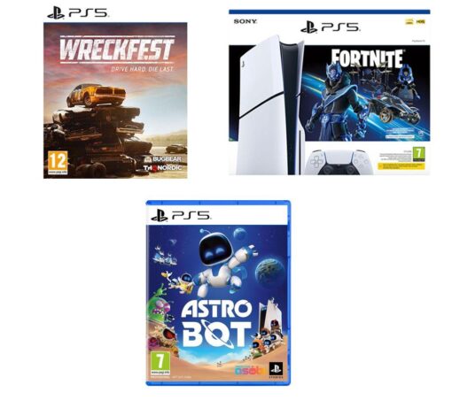 Sony PlayStation 5 Fortnite Cobalt Star Bundle (Model Group - Slim), Wreckfest & Astro Bot, White