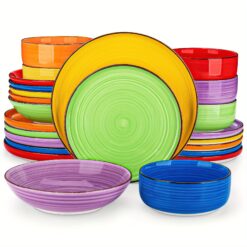 TEMU 24 Piece Dinner Set Colorful Stoneware Hand Painted Swirls Tableware With Dinner Plates, Dessert Plates, Pasta Bowls And Cereal Bowl