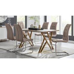 Tarrant Statement High Gloss & Metal Dining Table Set with 6 Modern Faux Leather Chairs