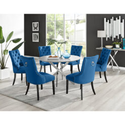 Tierra Modern Chrome Metal & Glass Round Dining Table Set with 4 Luxury Button Velvet Chairs