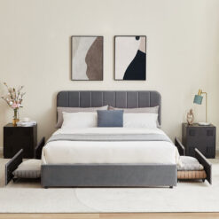 Upholstered Platform Bed Frame With 4 Storage Drawers And Adjustable Headboard, No Box Spring Needed, Grey