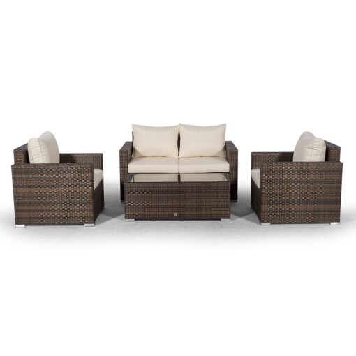 Villatoro Brown Rattan 2 Seat Sofa + 2 X Armchairs & Rectangle Coffee Table, Outdoor Patio Garden Furniture