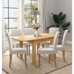 Waverly Extendable Dining Table and Chairs Set 6, Folding Kitchen Table and Straight Back Beige Fabric Upholstered Chairs, Dining Room Set for Home