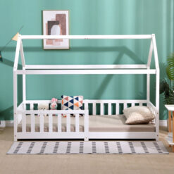 White Single Bed Frame with 2 Storage Drawers,Solid Pine Wood Children Bed with Grardrail - Furniture Hmd