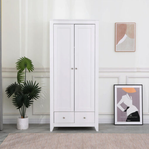 White Wardrobe with 2 Doors and 2 Drawers Storage Cloths Unit Cabinet for Bedroom Furniture,79x50x180cm(WxDxH) - Furniture Hmd