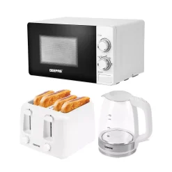 White Geepas Kitchen Set: Electric Kettle, 4-Slice Toaster, and Microwave