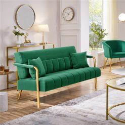 Costoffs Sofa Couch Modern Velvet Sofa Couch, 143cm Small Loveseat with Gold-tone Metal Arms & Legs, Upholstered Design, Includes 2 Pillows, Ideal for Bedroom, Home Office, Studio, Small Spaces, Light Grey/Green