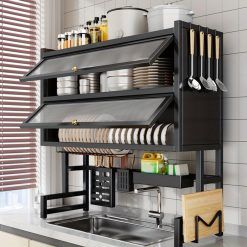 4-Tier Metal Dish Drying Rack with Lid, 74.93cm W-View Space-Saving Kitchen Sink Organizer for Dishes, Cups & Utensils, Black Finish, Sturdy Metal Frame, Perfect for Keeping Your Sink Tidy, Kitchen Sink Organize